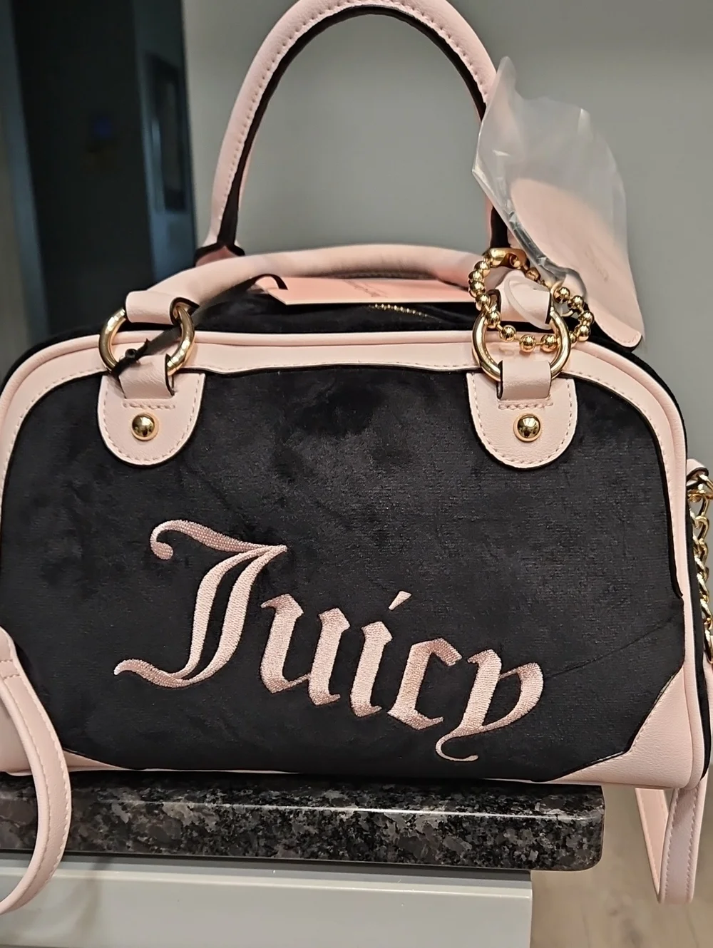 Juicy Couture Black and Light Pink Logo Satchel